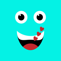 Emotion squared. Flat design. Blue playful loving face with hearts