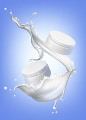 Vector illustration of realistic plastic cosmetic jar for moisturizing cream with white splash on background