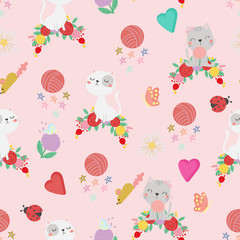 Cute cat seamless pattern background, t-shirt, card. Vector
