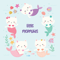 Set of cute cat mermaids vector.