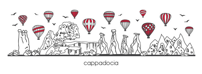 Vector illustration Cappadocia, Turkey. Hand drawn line doodle turkish symbols. Horizontal panoramic scene for banner or print design. Simple minimalistic style with black outline and red elements. - 