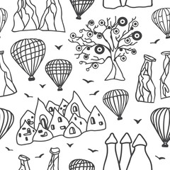 Naklejka premium Cappadocia symbols. Hand drawn vector seamless pattern with black outline doodle sketch on white background. Modern clear line design for touristic print, backdrop, wrapping paper or wallpaper design.