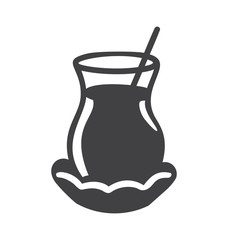 Vector illustration of a glass of traditional black turkish tea on a decorative plate with a spoon inside. Dark grey object isolated on white. Minimalist flat design for logo, emblem, icon design. - V