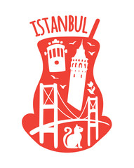Istanbul, Turkey. Travel illustration of famous turkish symbols: Galata tower, Bosphorus bridge, retro tram, cat, tulip, seagull. Landmarks' doodle objects in a silhouette of a traditional tea glass. 