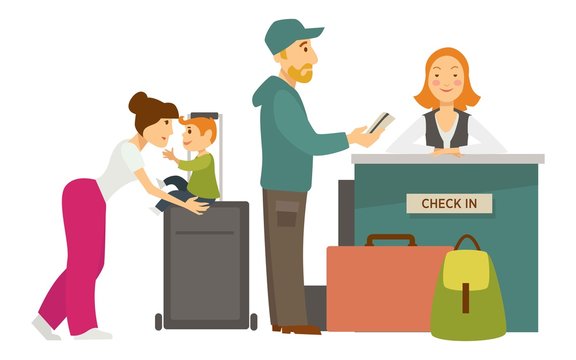 Reception desk check in airport family with baggage and receptionist