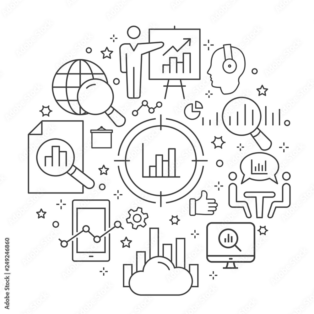 Poster data analysis outline icons set for interface, print.