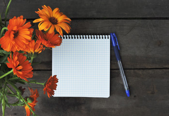 Notepad with pencil and sunflower on wood background.Back to school concept.Office supplies on a desk with copy space.Stylish flat lay home office desk workspace.Top view.Autumn or Summer concept. 