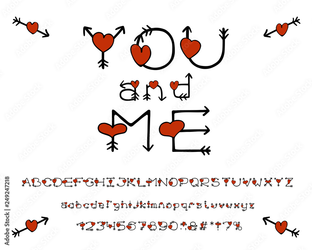 Poster romantic alphabet with arrows and hearts. vector letters, numbers and punctuation marks