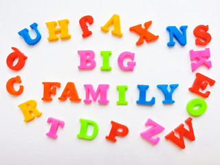     Magnetic Plastic ABC Letters Isolated. Colorful plastic English alphabet on a white  background. Learning english concept.The colorful words "BIG FAMILY  " made with plastic English alphabet.