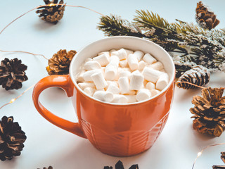 Orange mug with hot chocolate with melted marshmallow.Holiday concept. Flat lay, top view.ot cocoa with marshmallow in a  mug surrounded by winter things.Christmas hot beverage ideas.
