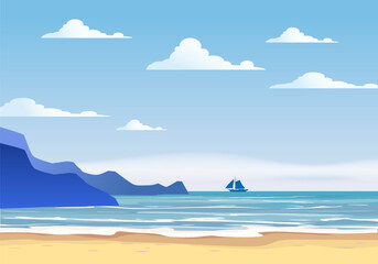 Summer sunny tropical backgrounds seascape with seaside, mountanes beach sky horison, sunset. Vector illustration, isolated, template - obrazy, fototapety, plakaty