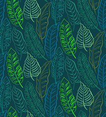 Naklejka na ściany i meble Beautiful seamless pattern with ropical jungle palm leaves.
