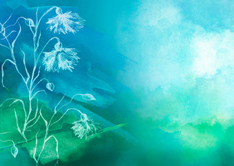 Naklejka premium Watercolor bouquet of blue, green flowers, Beautiful abstract splash of paint, fashion illustration. knapweed flowers, wildflowers, field or garden flowers. Vintage card. Grunge art background. 