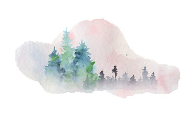 Watercolor abstract silhouette of a forest with pine trees 