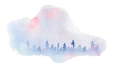 Watercolor abstract silhouette of a forest with pine trees 