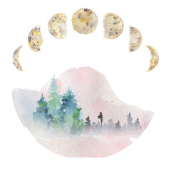 Watercolor abstract silhouette of a forest with pine trees and moon phases