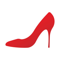 Vector icon of a shoes. Women s high-heeled sticker. For your design. High heel shoes icon. Elegant red silhouette. Information sign. Women shoe symbol. Fashion label. Shoes isolated on white