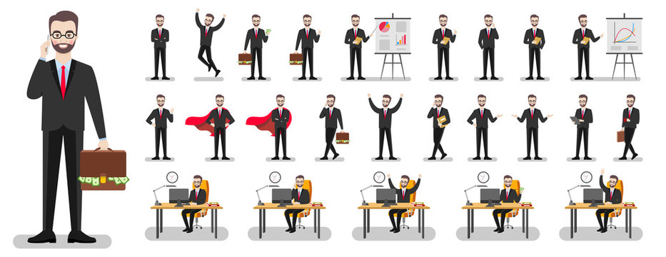 Set of characters of a businessman in a suit on a white background in various poses. Vector flat illustration.