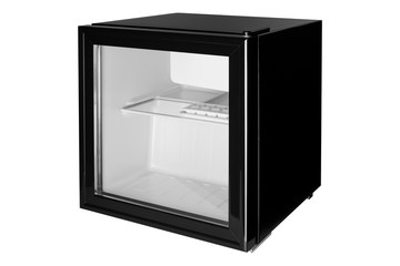 New black refrigerator, mini bvr with closed glass door, for hotel, side view, refrigerator empty