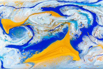 Fototapeta na wymiar White, blue and gold marbling pattern. Golden marble liquid texture.