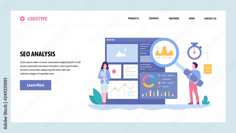 Poster vector web site gradient design template. seo analytics and optimization. online marketing and keywo