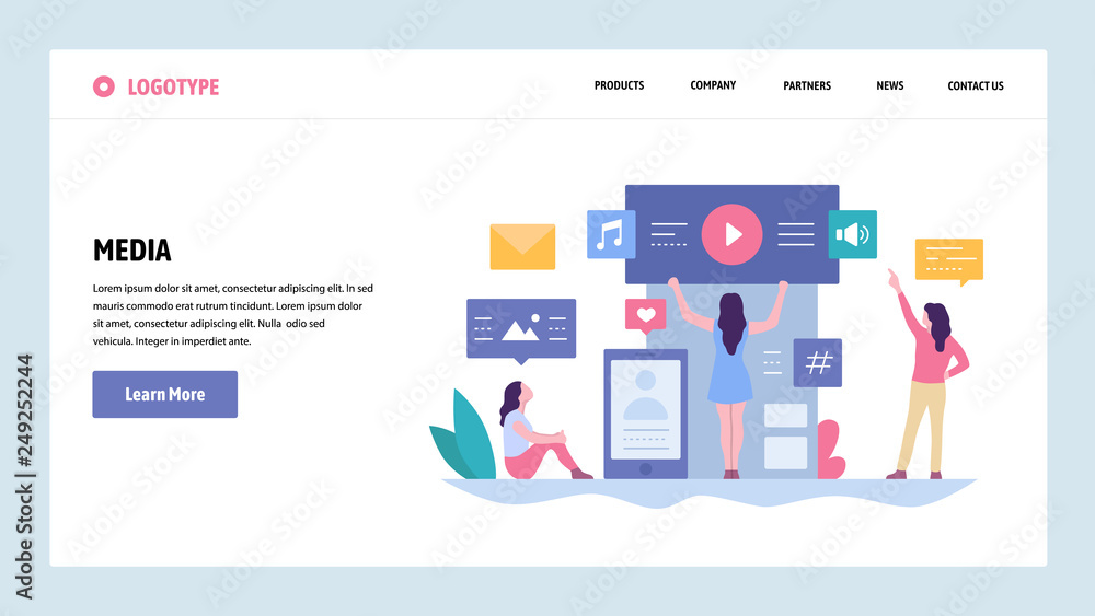 Poster vector web site gradient design template. online digital media content. music, video and photo conte