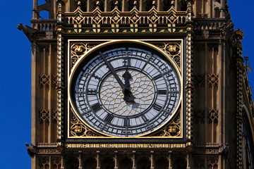 London (UK), Big Ben, Uhrenturm, 5 vor 12 Uhr, Detail, England..