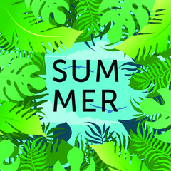 Summer time wallpaper, poster or flyer with tropical leaves and sky. Text SUMMER on the center of composition flat style design gradient vector illustration. 