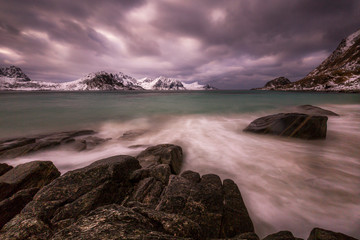 long expousere over the rocks in the beach, Lofoten, Norway