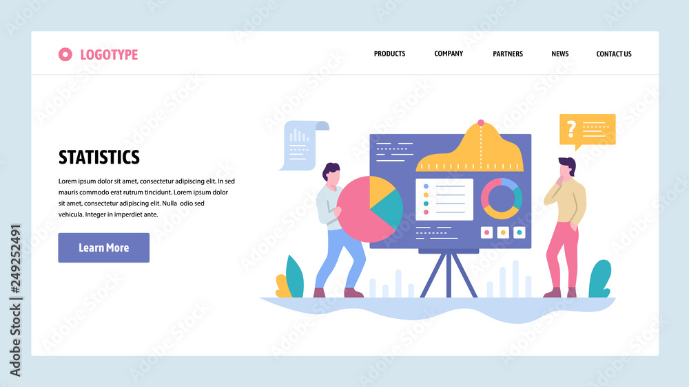 Poster Vector web site gradient design template. Data analysis and statistics presentation. Charts and graphs. Landing page concepts for website and mobile development. Modern flat illustration.