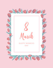 Flat elegant vertical greeting card template with hand drawn tulips and text. March 8 banner