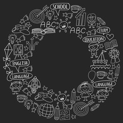 Vector set of learning English language, children's drawing icons in doodle style. Painted, black monochrome, chalk pictures on a blackboard.