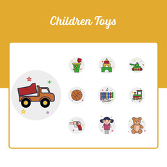 Children Toys Icons Set - Toy and Doll Icon Set With Outline Filled Style