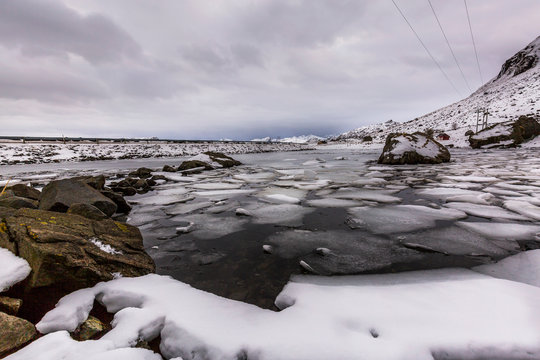 ice on the lake, Lofoten, Norway