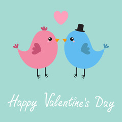 Two bird couple. Pink heart. Happy Valentines Day. Love Greeting card. Boy, girl. Black hat. Cute cartoon kawaii baby character. Flat design. Blue background.