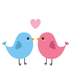 Two bird couple. Pink heart. Happy Valentines Day. Love Greeting card. Cute cartoon kawaii baby character. Flat design. White background. Isolated.