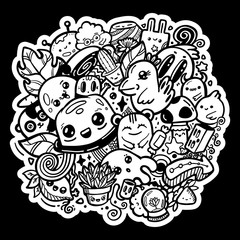 Doodling kawaii character hand drawn vector illustration black and white tattoo coloring