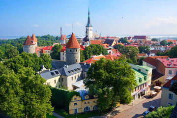 Fototapeta premium Tallinn. Estonia. Top view of the city. The miniature Old town, well-preserved ancient walls and towers, the proximity of the sea – all this makes the capital of Estonia very attractive for travelers.