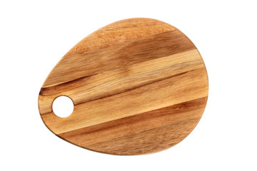 A photo of a wooden cutting board, isolated on a white background with a clipping path. A culinary frame with a place for text