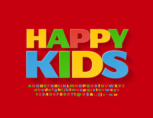 Vector Flat Colorful logo Happy Kids with Font. Bright Alphabet Letters, Numbers and Symbols for Children 