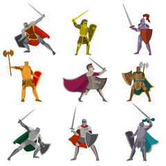 Fototapeta na wymiar Set of color knights in different poses hand axes, foils, swofds on white background