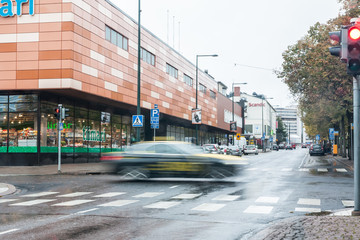 KOUVOLA, FINLAND - OCTOBER 9, 2018: Street of Kouvola at autumn rainy day. Long exposure photo