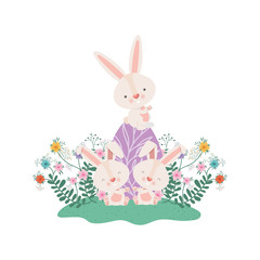 easter rabbits with egg and flowers icon