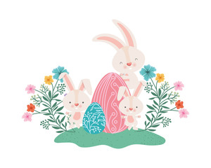 easter rabbits with eggs and flowers icon