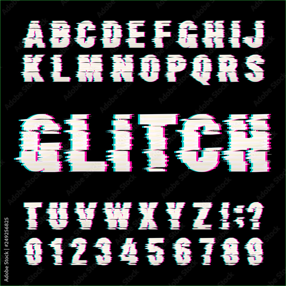 Poster glitch alphabet font. damaged type letters and numbers on a black background. vector typescript for 