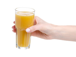 Fruit multifruit orange mango juice in hand on a white background. Isolation