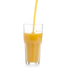 Fruit multifruit orange mango juice pour on a white background. Isolation