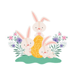 easter rabbits with egg and flowers icon