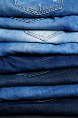 Set of different blue jeans. Detail of nice blue jeans. Jeans texture or denim background. Blue...