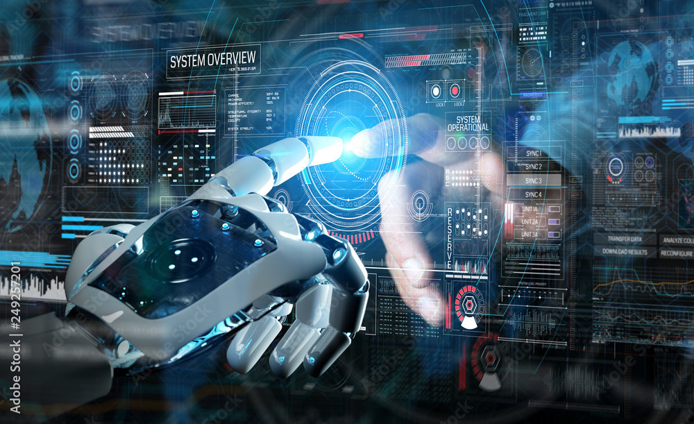 Poster robot hand and human hand touching digital graph interface 3d rendering